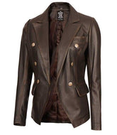 Distressed Brown Real Lambskin Leather Blazer for Women with Button Closure - MNCLeather